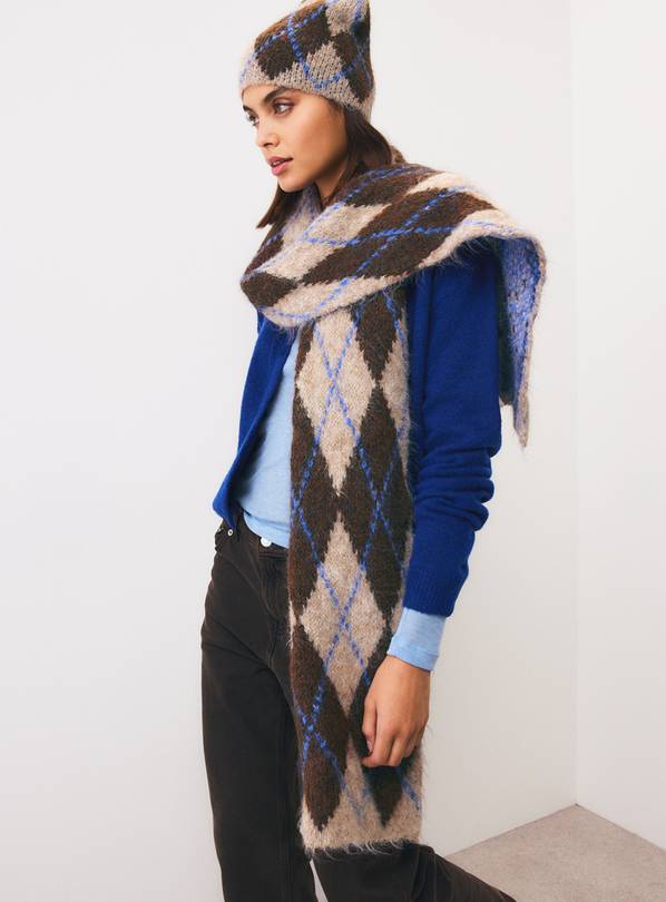 Teal & Purple Argyle Knitted Scarf One Size